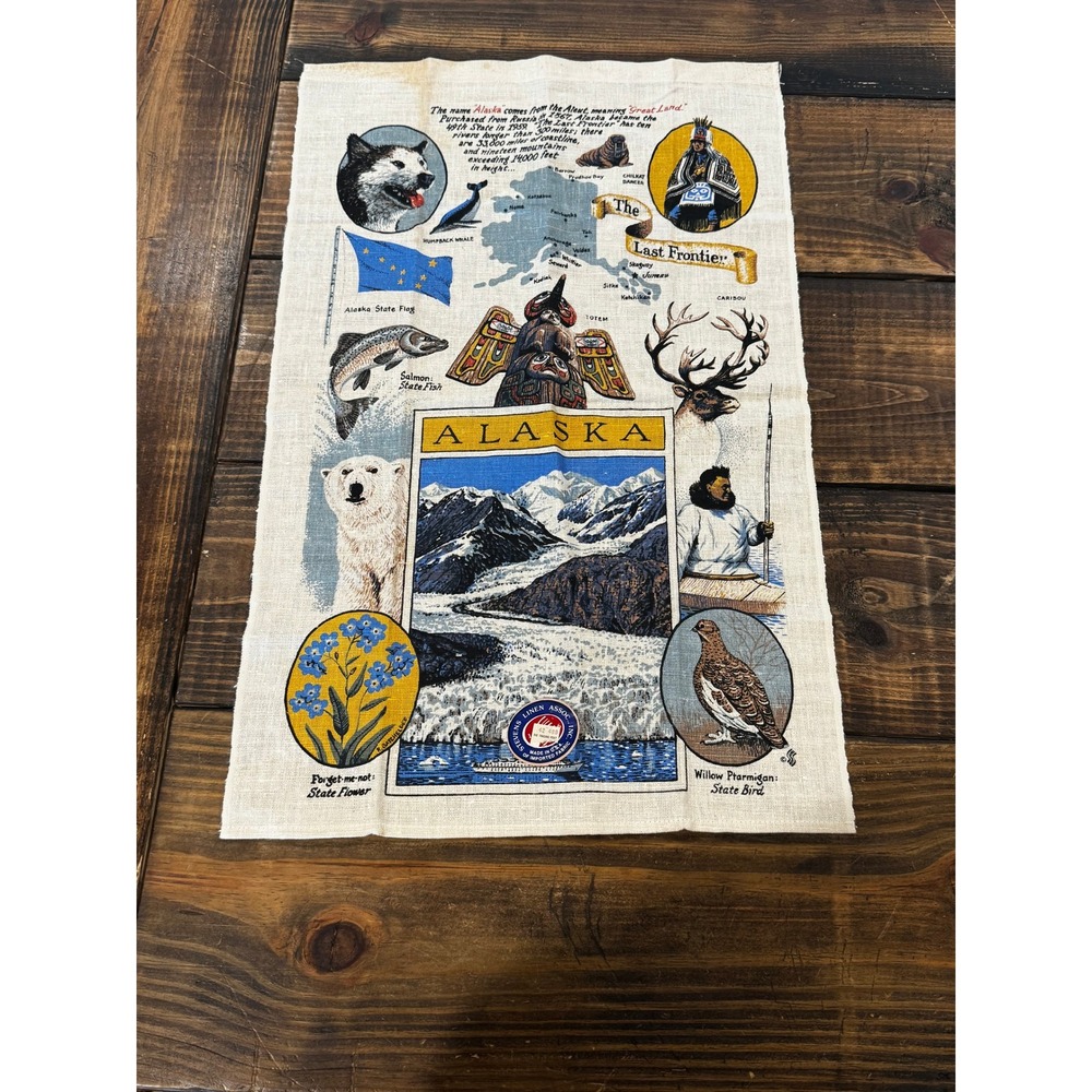 Stevens Linen Associates Tea Towel Cream Alaska The Last Frontier Map Wildlife
